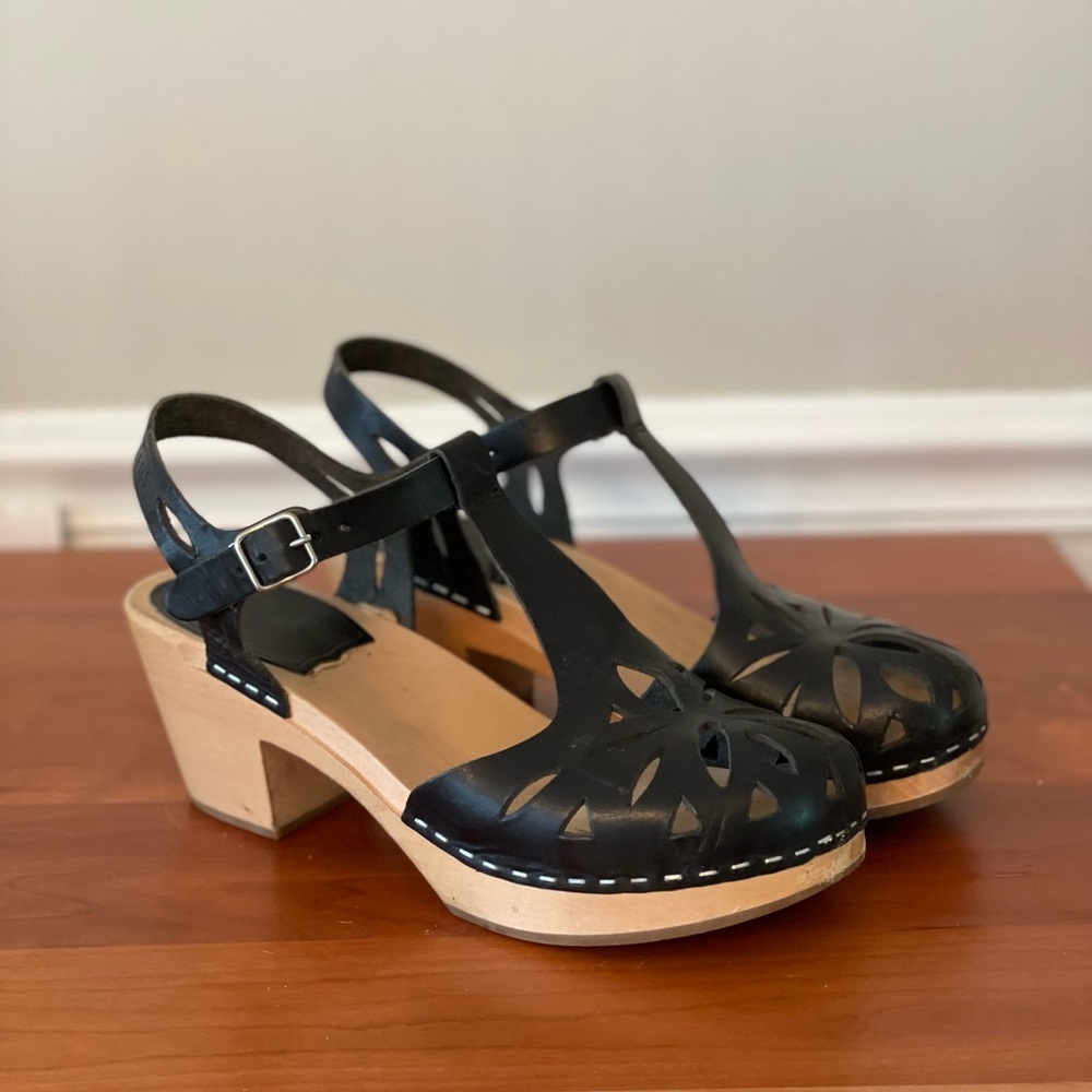Swedish Hasbeens Black Leather Mules